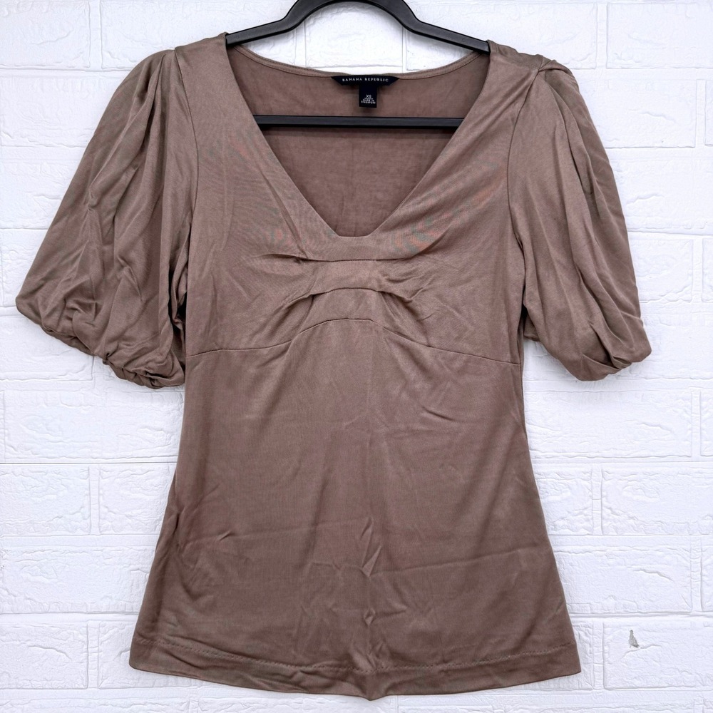 Banana Republic Puff Sleeve Top Women XS Brown V-Neck Ruched Bust Empire Waist